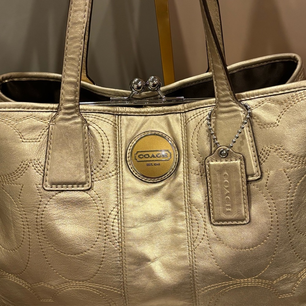 COACH Gold Metallic Leather Signature Satchel Shoulder Bag F18879 Purse
